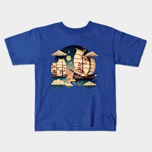 Japanese Art Depicting Boats in the Clouds Kids T-Shirt